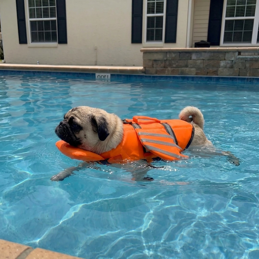Dog swimming with an orange Splash Paws life jacket
